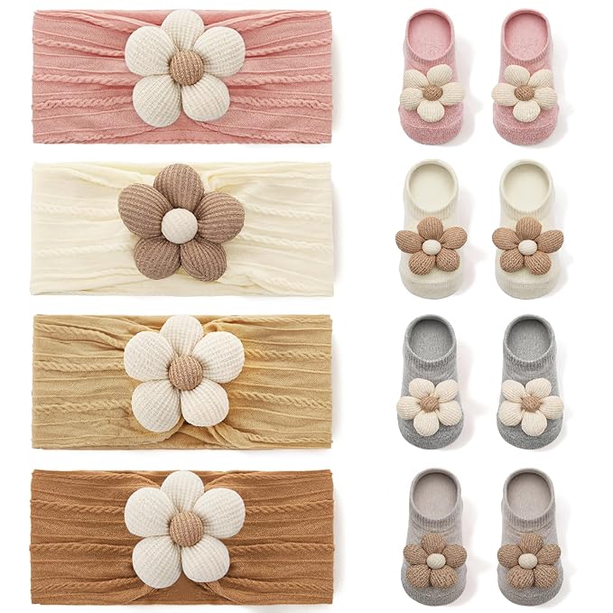 4 Pack Baby Girl Flower Headbands and Socks, Cute Floral Non-Slip Grippy Socks Soft Hairbands Hair Accessories for Newborn Infant Toddler
