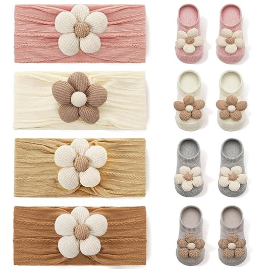 4 Pack Baby Girl Flower Headbands and Socks, Cute Floral Non-Slip Grippy Socks Soft Hairbands Hair Accessories for Newborn Infant Toddler