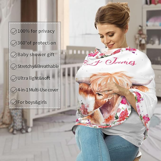 Personalized Car Seat Covers with Name, Highland Cow Baby Canopy Carrier Cover, Breathable Breastfeeding Nursing Cover, Stretchy Multi-Use Infant Carseat Stroller Cover