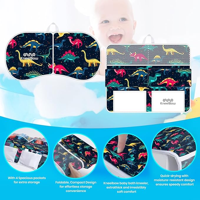 Baby Bath Kneeler and Elbow Rest Pad 2 Pieces Set with 3 Spacious Pocket to Organize Baby Acessories, 1.5" Thick Non-Slip, Soft, Fast-Drying Foldable Toddler Bath (Multi-Color Dino)