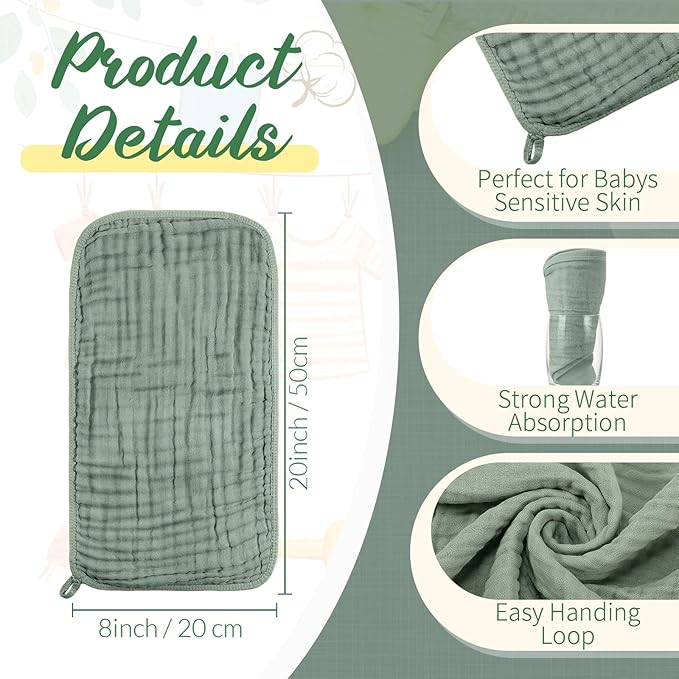 VitalCozy 6 Pcs Baby Muslin Hooded Bath Towels and Washcloths, Muslin Hooded Baby Towels Absorbent Blankets for Gift Newborn Infant Shower (Green,Gray)