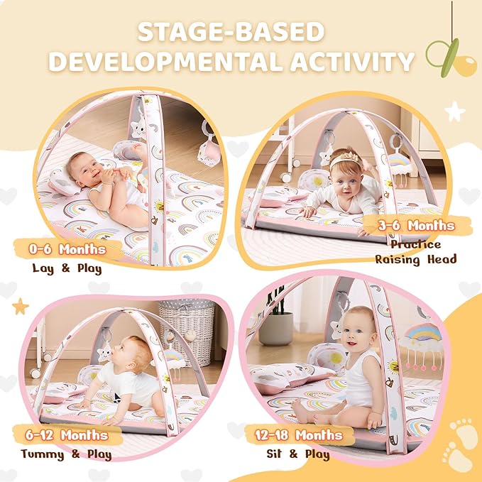 Baby Play Gym Mat, Activity Gym & Plat Mat for Child Baby Girls, 7 in 1 Tummy Time Stage-Based Mat for Infant Sensory & Motor Skills Development