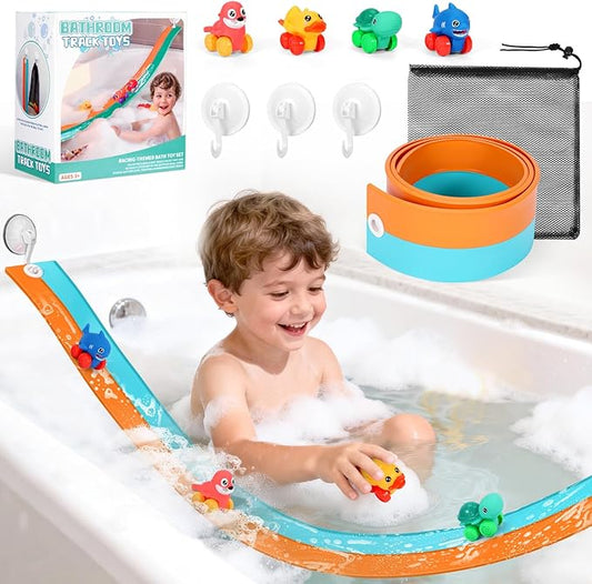 Race Car Bath Toys, Toddler Bathub Toy Set, 5 Ft Flexible Bath Race Track for Kids Ages 3+ , Cars Toy Gift for Baby Boys &Girls, Portable Rolls Up Race Tracks with 1 Mesh Storage Bag & 3 Suction Cup