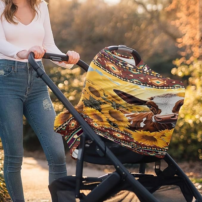 AFPANQZ Stretchy Baby Car Seat Nursing Breastfeeding Cover Breathable Multiuse Infant Carseat Canopy Stroller Cover Scarf for All Seasons Girl Boy Baby Cow Sunflower Yellow