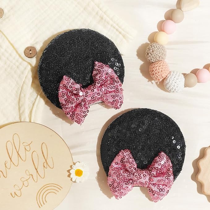 2 Pairs Pink Mouse Ears Hair Clips & Mouse Hair Bows Barrettes for baby Girls Accessories Birthday Party Decorations Gift