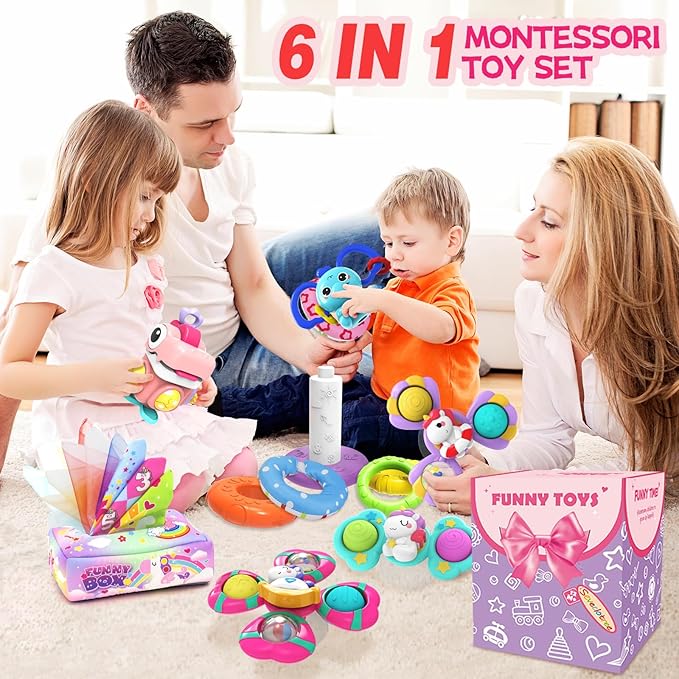 4 in 1 Baby Toys 6 to 12 Months,Learning Toys for Babies 6 12 18 Months, Infant Toys Stacking Rings,Busy Cube,Spinner Toys,Tissue Box Toy,Sensory Educational Gift for Toddlers Aged 1-3