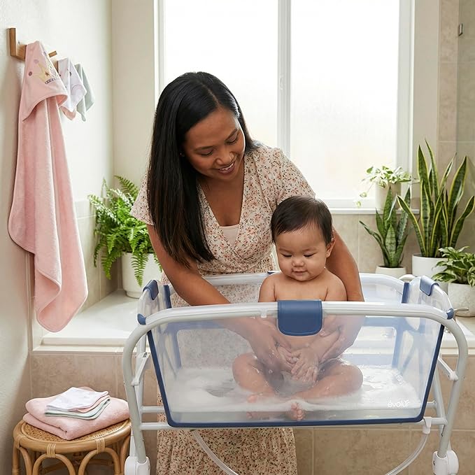 Evolur Supple Baby Spa Set with Infant Bathtub, Hammock Support Seat & Metal Frame, Newborn Tub for 0–12 Months, Complete Baby Care Essentials Gift Set for New Parents, Navy Blue