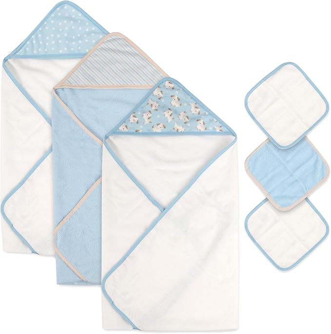 Jessica Simpson 6 Piece Printed Hooded Bath Towel and Washcloth Set for Infant, Newborns and Toddlers 3 – 24 Months for Bath Time, Showers, Lounge, Beach and Pool (6 Piece Puppies Print)