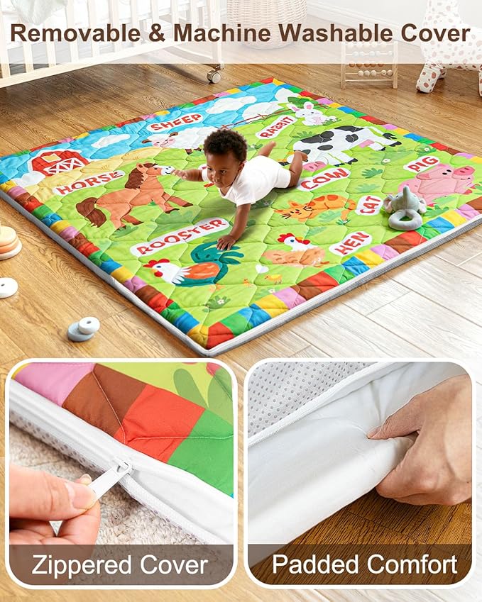 Foam Baby Play Mat 50x50, Removable and Machine Washable Cover, Thicken Cushioning Playmat and Perfect for Playpen, Non-Slip Bottom, Easy to Clean for Infants, Toddlers & Babies(Farm)