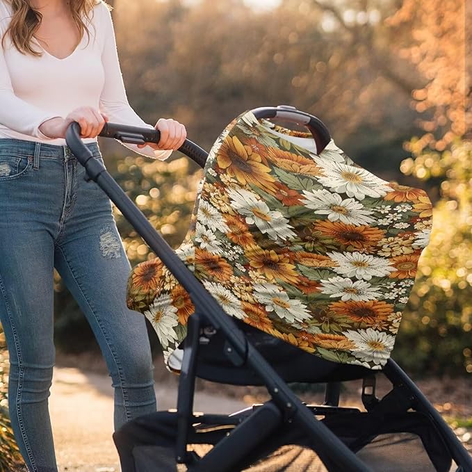 Forchrinse Sunflower Daisy Print Baby Car Seat Canopy for Boys Girls - Soft Nursing Breastfeeding Cover Baby Car Seat Cover for Shopping Cart/High Chair/Stroller Cover