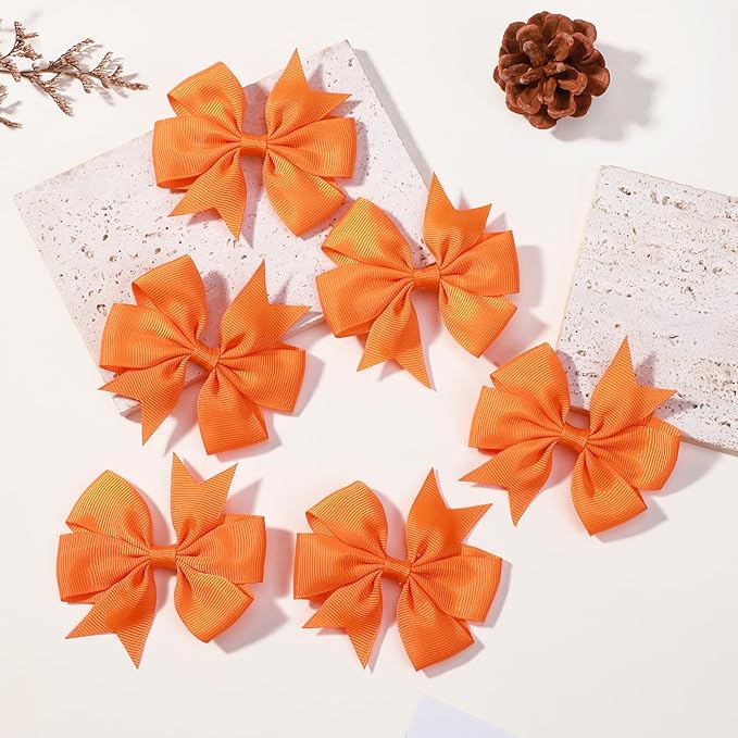 Choicbaby 3 Inches Hair Bows for Girls Orange Grosgrain Ribbon Pinwheel Hair Bows Clips Toddler Hair Clips for Birthday Baby Shower 6 Pack Photo Props
