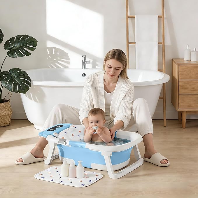 Baby Bathtub,Foldable Baby Bath Tub for Newborn to Toddler (0-18 Months) – Collapsible Infant Tub for Travel with Thermometer, Soft Cushion,Blue