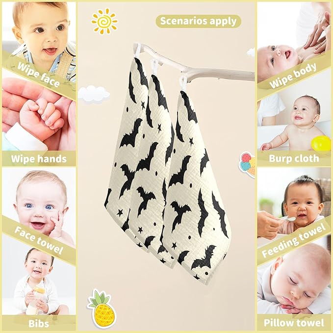 Burbuja Flying Bats Baby Washcloths - Muslin Cotton Soft Absorbent Baby Towel for Newborn Baby Sensitive Skin - Baby Essential Item, 12x12 in, 3 Pack