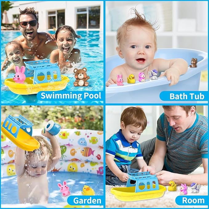 Oriate Bath Boat Toys, Finger Puppets for Kids, 5 PCS Rubber Duck Finger Puppets and 1 Boat, Sensory Learning Toy Set in The Bathtub, Pool, Beach Easter Eggs Fillers.