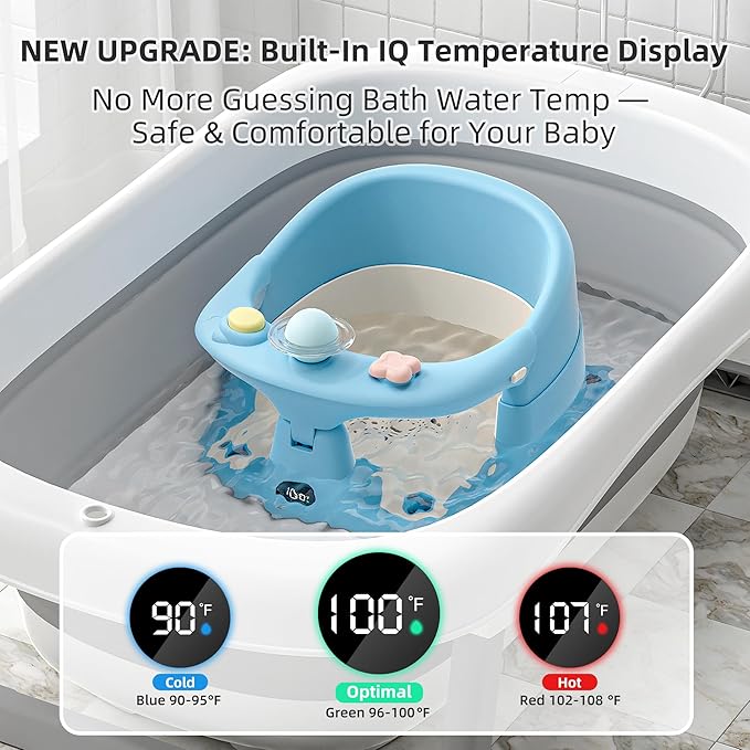 Baby Bath Seat for Babies 6 Months & up with Thermometer, Non-Slip Toddler Bath Seats for Sitting Up, Safe Infant & Newborn Bathtub Chair with 4 Suction Cups, Soft Cushion & Temperature Display, Blue