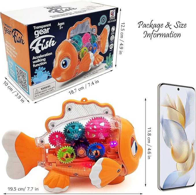 Tipmant Cute Electric Fish Toy Electronic Goldfish Animal Vehicle Car Auto Driving, Transparent Gears, Music, Luminous Lights, Baby Toddler Kids Birthday Gifts