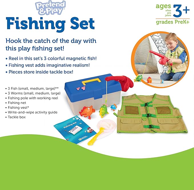 Learning Resources Pretend & Play Fishing Set - Toddler Bath, Montessori Water Toys, Kids Beach Games, Pool Accessories, Fisherman Costume for Children, Fine Motor , Gifts for Boys and Girls
