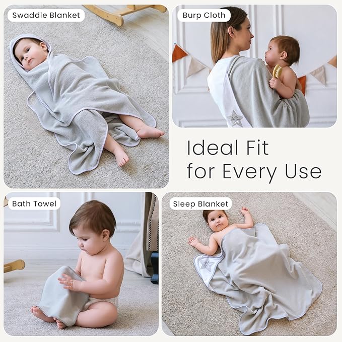 Softan Baby Hooded Towels and Washcloths Set 6 Pack, 28x28 Ultra Soft & Absorbent Baby Bath Towels for Newborn Infant Toddler, Unisex Boys Girls (Grey Star)