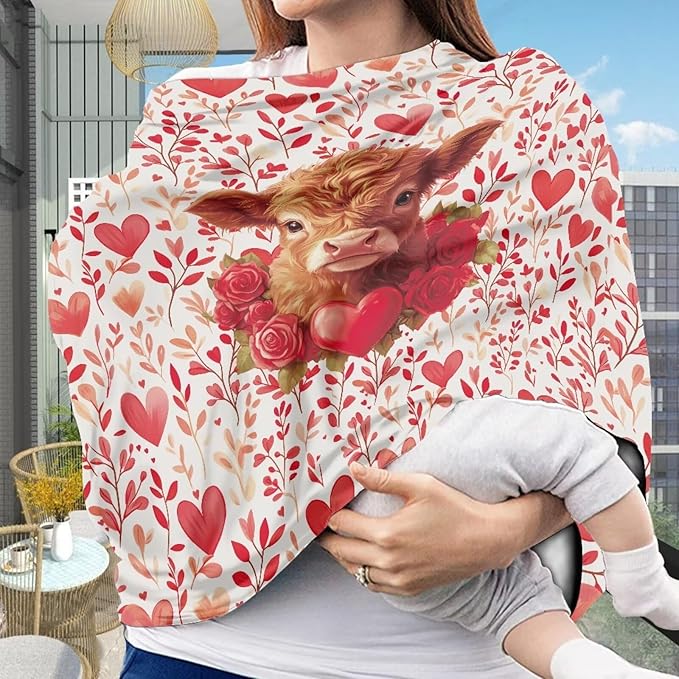 Wanyint Nursing Cover Carseat Canopy Cover Adorable Car Seat Covers for Babies Girls Boys Breathable Nursing Cover for Boys Girls for Valentine's Day Decor, Highland Cow Heart Leaf