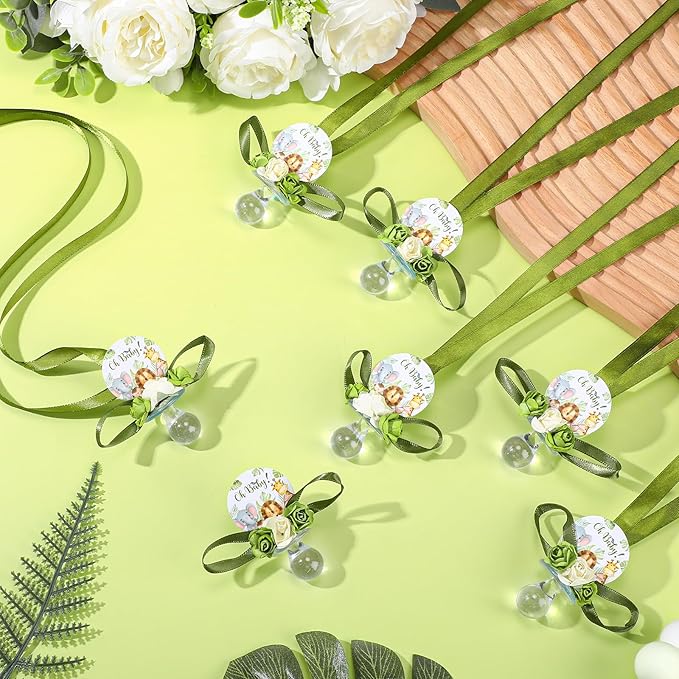 Quelay 36 Pcs Baby Shower Pacifier Necklace Cute Jungle Animal Acrylic Baby Pacifiers with Delicate Flowers for Baby Shower Decoration Table Distribution Party Favors