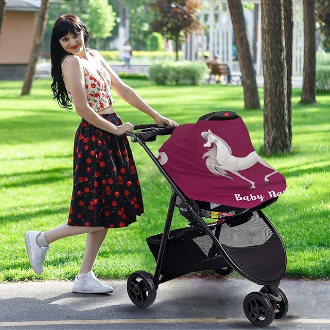 Personalized Baby Car Seat Cover for Babies, Custom Name Baby Car Seats Canopy for Boys Girls, Nursing Breastfeeding Stroller Covers for Infant Newborn, Shower Gift (Funny Horse)