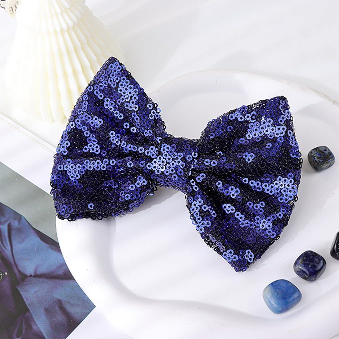 Hair Clip with 5 inches Sequins Large Bow, Alligator Hair Clip for Girls, Women, Teens, Babies, Navy Blue Bow Gift