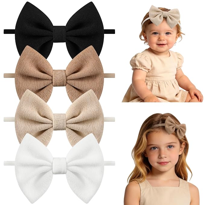 4 Pcs Baby Bow Headbands, Soft Nylon Baby Girls Headbands Bow Hair Accessories for Newborn Toddlers Child