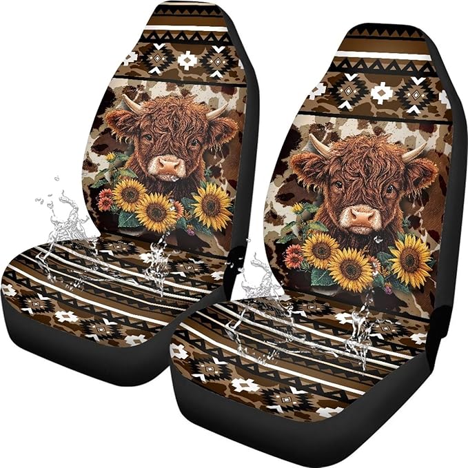 Aztec Highland Cow Car Front Seat Covers Waterproof Universal Front Seat Cover Removable Automotive Accessories Easy Installation Suitable for Cars, SUV and Trucks
