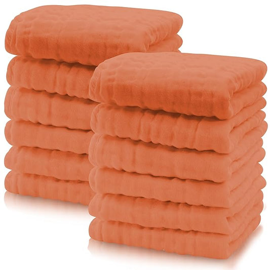 Cute Castle 12 Pack Muslin Baby Washcloths - Large 12'' by 12'' - Ultra Soft 100% Cotton - Super Absorbent Burp Cloths for Unisex, Boy, Girl -Vermilion