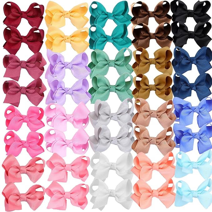 40PCS 3Inch Hair Bows for Girls,Hand-made Grosgrain Ribbon Hair Bow Alligator Clips Hair Accessories for Toddlers Baby Girls Kids Teens in Pairs