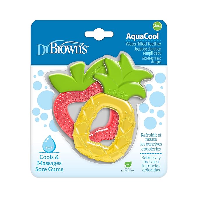 Dr. Brown's AquaCool Water-Filled Baby Teether 2 Pack, Learning Loop Fox Baby Teether Ring, Pineapple Apple Shapes, 100% Silicone, BPA Free, 3m+
