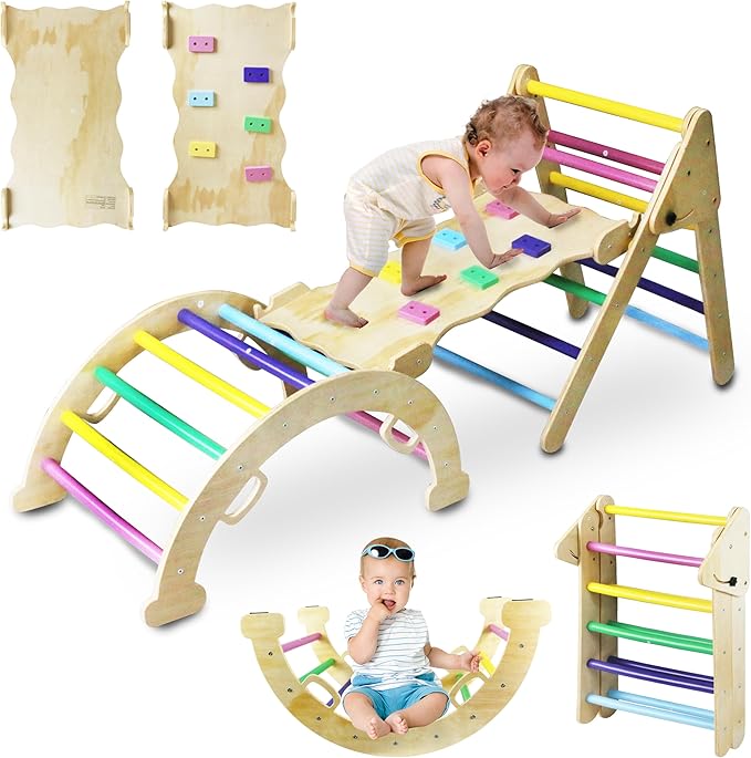 5in1 Wooden Climbing Toys, for Toddler Kids Playground with Arch & Ramp & Ladder, Foldable Baby Jungle Climbing Gym, Outdoor & Indoor