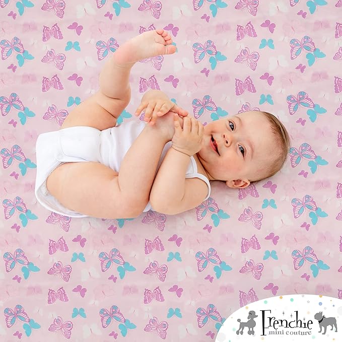 Frenchie Mini Couture, Bassinet Sheets for Babies, 2 Pack, 100% Woven Cotton, Pink Bassinet Protector, Fits Standard Bassinets, 15 x 33 x 4in, Butterfly