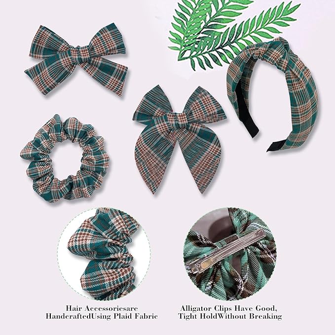 5 Pcs Plaid Headband Set with Knot Scrunchies, Padded Bows, Christmas Hair Clips for Women & Girls (Green)