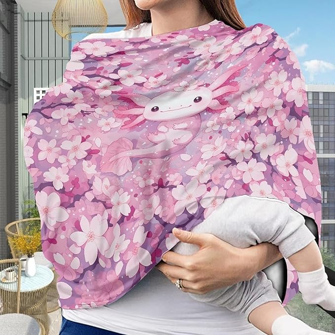 Biyejit Pink Flower Axolotl Seat Cover for Girls and Boys - Stretchy Carseat Canopy, Nursing Cover, Grocery Cart Cover, High Chair Cover
