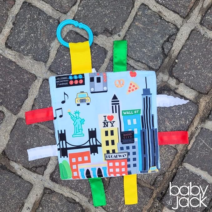 Baby Jack & Co 8x8” Learning Lovey NYC New York Tag Toys for Babies - Baby Crinkle Toys - Soft & Safe - Learn USA Cities and Shapes - Ideal Baby Toy & Gift BPA Free w/Stroller Clip