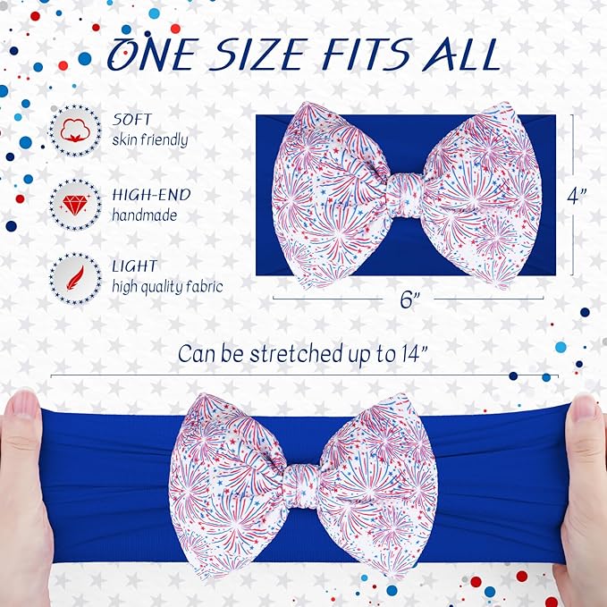 4th of July Toddler Nylon Headbands - Large Patriotic Star Bows, Hair Accessories for Newborn Infant and Baby Girls