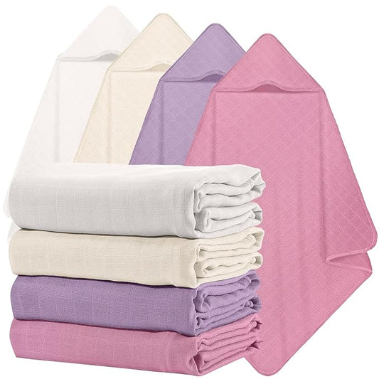 Preboun 4 Pcs Muslin Hooded Baby Towels,32"x 32" Cotton Newborn Bath Towel Muslin Infant Baby Blankets Absorbent Unisex Newborn Registry Gift for Girls Boys(Purple Series)
