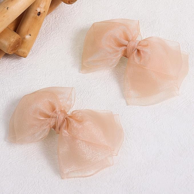Korean Pink Mesh Hair Bow Clips 4" for Toddler Girls Organza Double Tulle Bow-Knot Alligator Barrettes Summer Wedding Pageant First Communion Party Dress Decor Accessory Birthday Valentines Gift