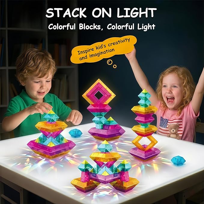 48 PCS Building Blocks Set for Kids, Pyramid Stacking Blocks with Storage Bag - STEM Preschool Learning Stacking Toys, Light Table Compatible Translucent Sensory Blocks for Toddlers Ages 3 4 5 6
