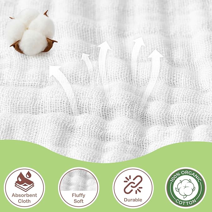 100% Organic Cotton Muslin Baby Hooded Towels - 32x32 Inch, 2 Pack Newborn Bath Towels for Boys & Girls, Soft & Absorbent Bath Set (White)