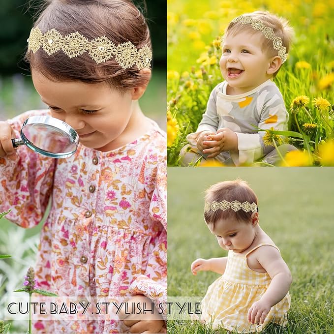 DANMY Baby Girl Super Elastic Headband,Cotton Lace Toddler Hair Band,Infant Soft Turban Hair Accessories Set (gold 1pcs)