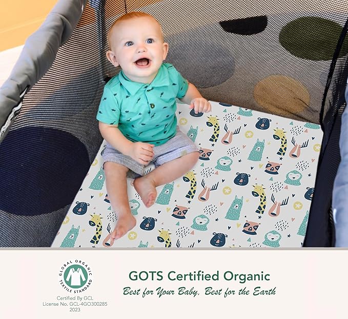 100% Organic Cotton Fitted Sheets Fit and are Compatible with Graco Pack n Play, Babyletto, Pamo Babe, Hiccapop, Dream on Me, Evenflo, Baby Trend Portable/Mini Crib/Playards. 2 Pk