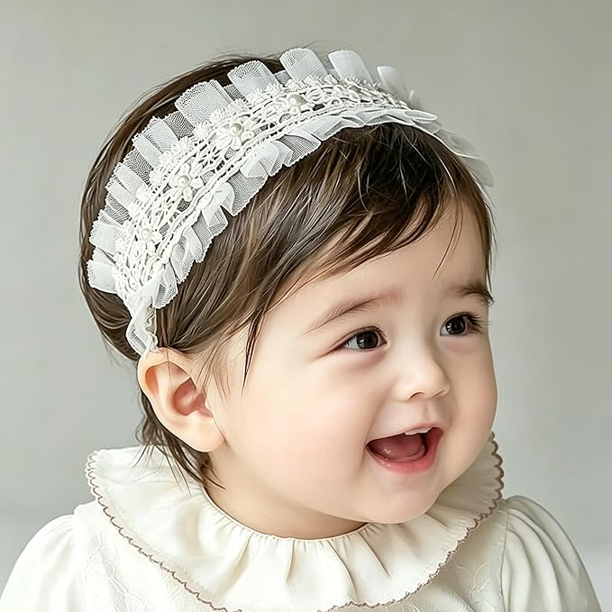 Baby Girls Flower Headbands Cute Kids Christening Headband Soft Lace Hairbands Floral Crown Newborn Infant Toddlers Hair Accessories for Birthday Party Photography(Beige Flowers)