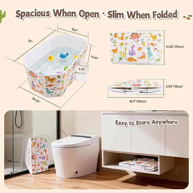 MORAIS Toddler Bathtub Collapsible & Portable, Foldable Baby Bath Tub for Shower & Travel, Dual Drain Plug with Thick Padded Bottom, Easy to Clean, Space-Saving Tub, 12 Months+