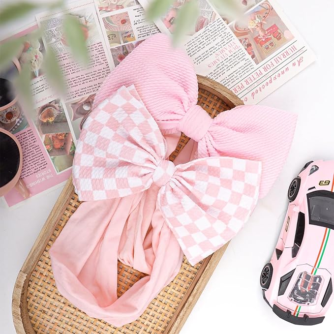 YanJie 2PCS 6’’ Light Pink Bows for Baby Girls Checkered Headband Pink Bow Infants Toddler Hair Accessories Newborn Headbands Hair Bow Baby Clothes