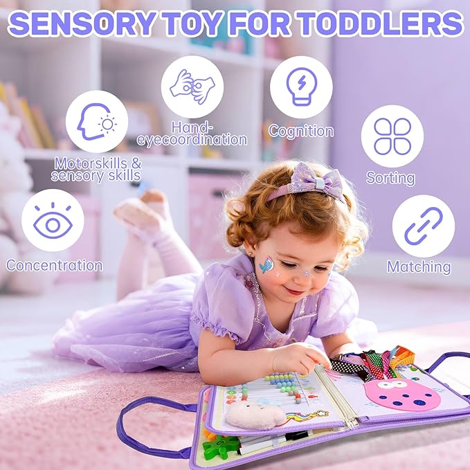 Aurasys Toddler Busy Board Montessori Toys for Girls Birthday Gift, Sensory Busy Book Educational Learning Activity Board for Toddler Girls, Travel Activities Toys for Airplane Car