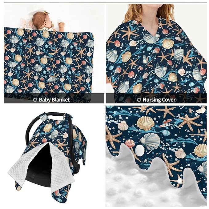 Pearls Shell Starfish Baby Car Seat Canopy Nursing Cover for Newborn Car Seat Breastfeeding Covers Blanket Newborn Shower Gift