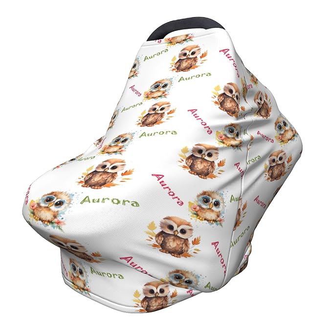 Personalized Baby Car Seat Covers for Babies, Custom Owl Nursing Breastfeeding Carseat Canopy with Name, Infant Stroller Covers for Newborn Girls Boys, Breathable Carseat Cover