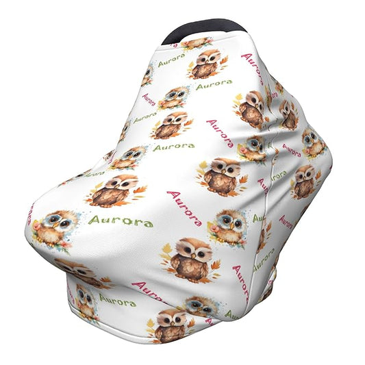 Personalized Baby Car Seat Covers for Babies, Custom Owl Nursing Breastfeeding Carseat Canopy with Name, Infant Stroller Covers for Newborn Girls Boys, Breathable Carseat Cover